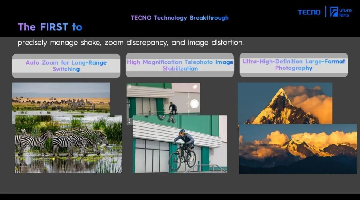 Minh họa tính năng Tap Any Zoom Dual Prism Telephoto của Tecno, cho phép zoom linh hoạt