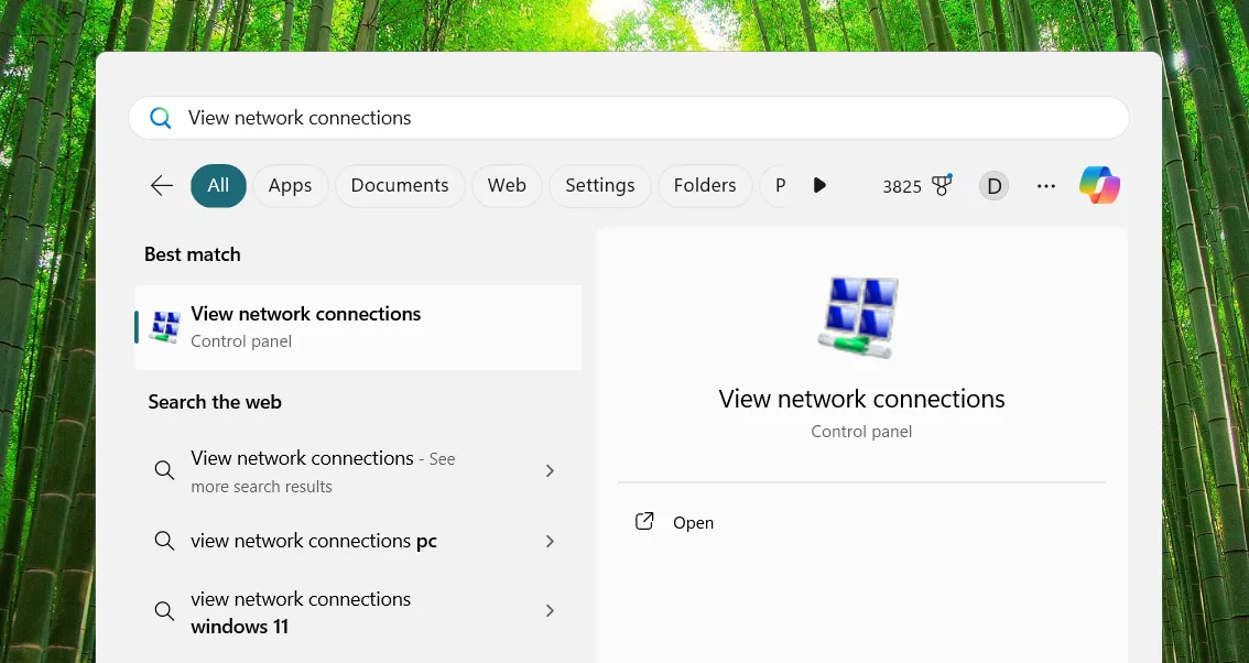 Mở cửa sổ Kết nối mạng trên Windows bằng thanh tìm kiếm Start Menu