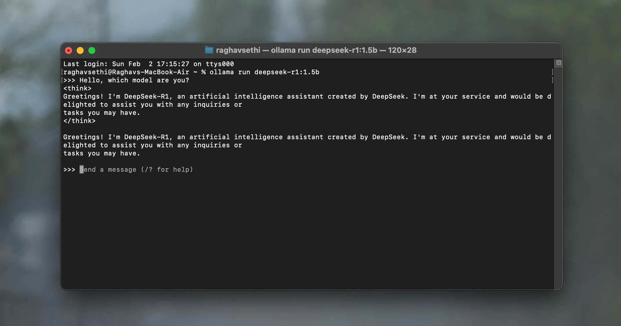 Mô hình AI DeepSeek-R1 đang chạy trong cửa sổ Terminal của ứng dụng Ollama.