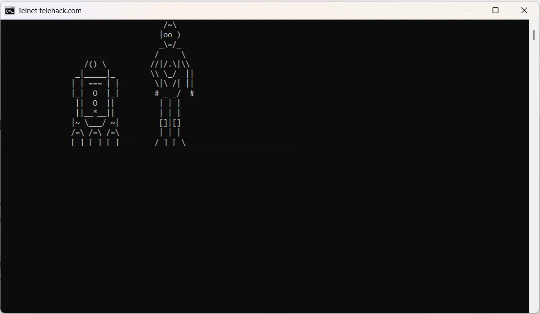 Mô phỏng bộ phim Star Wars bằng ký tự ASCII hiển thị trong cửa sổ Command Prompt sau khi chạy lệnh Telnet.