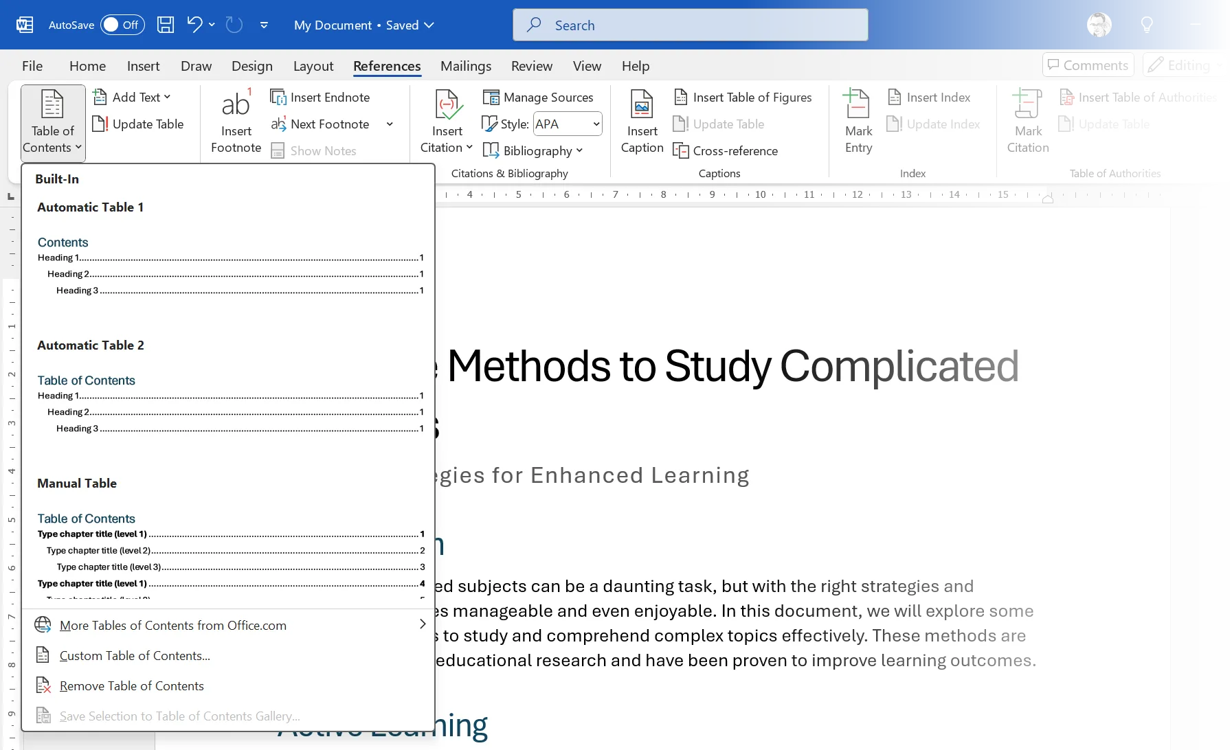Mô tả: Hình ảnh minh họa cách truy cập menu "Table of Contents" trên thanh công cụ Ribbon trong Microsoft Word, làm nổi bật tùy chọn để tạo hoặc tùy chỉnh mục lục.
