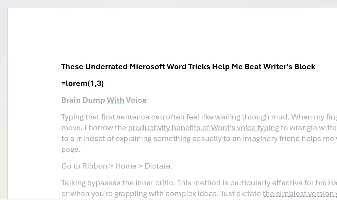 Mô tả: Hình ảnh minh họa việc sử dụng văn bản giả Lorem Ipsum trong Microsoft Word để tạo nội dung giữ chỗ tạm thời cho tài liệu.