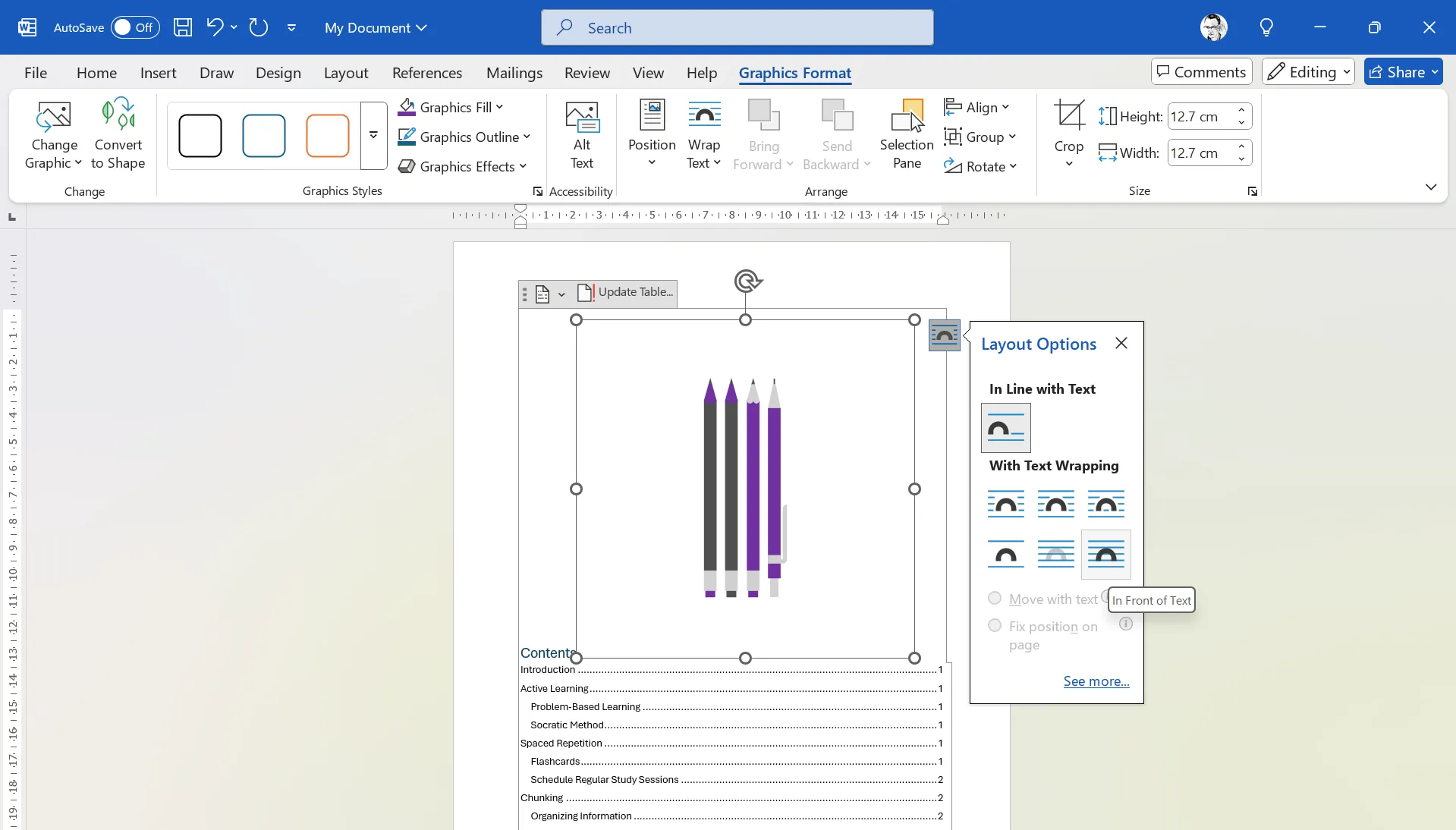 Mô tả: Hướng dẫn chèn một hình ảnh lên trên trang mục lục trong Microsoft Word, thể hiện cách ảnh có thể được sử dụng để tăng tính thẩm mỹ của mục lục.