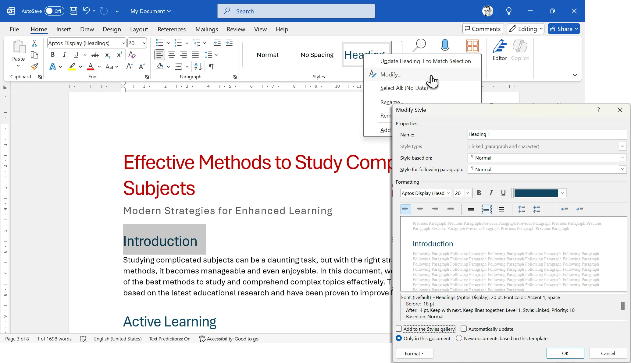 Mô tả: Minh họa quy trình áp dụng và chỉnh sửa các kiểu tiêu đề (Heading Styles) trong tài liệu Microsoft Word, nhấn mạnh cách các kiểu này ảnh hưởng đến việc tạo mục lục tự động.