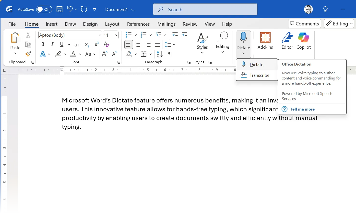 Mô tả: Nút Dictate trên giao diện Microsoft Word, nằm trong tab Home, giúp chuyển giọng nói thành văn bản.