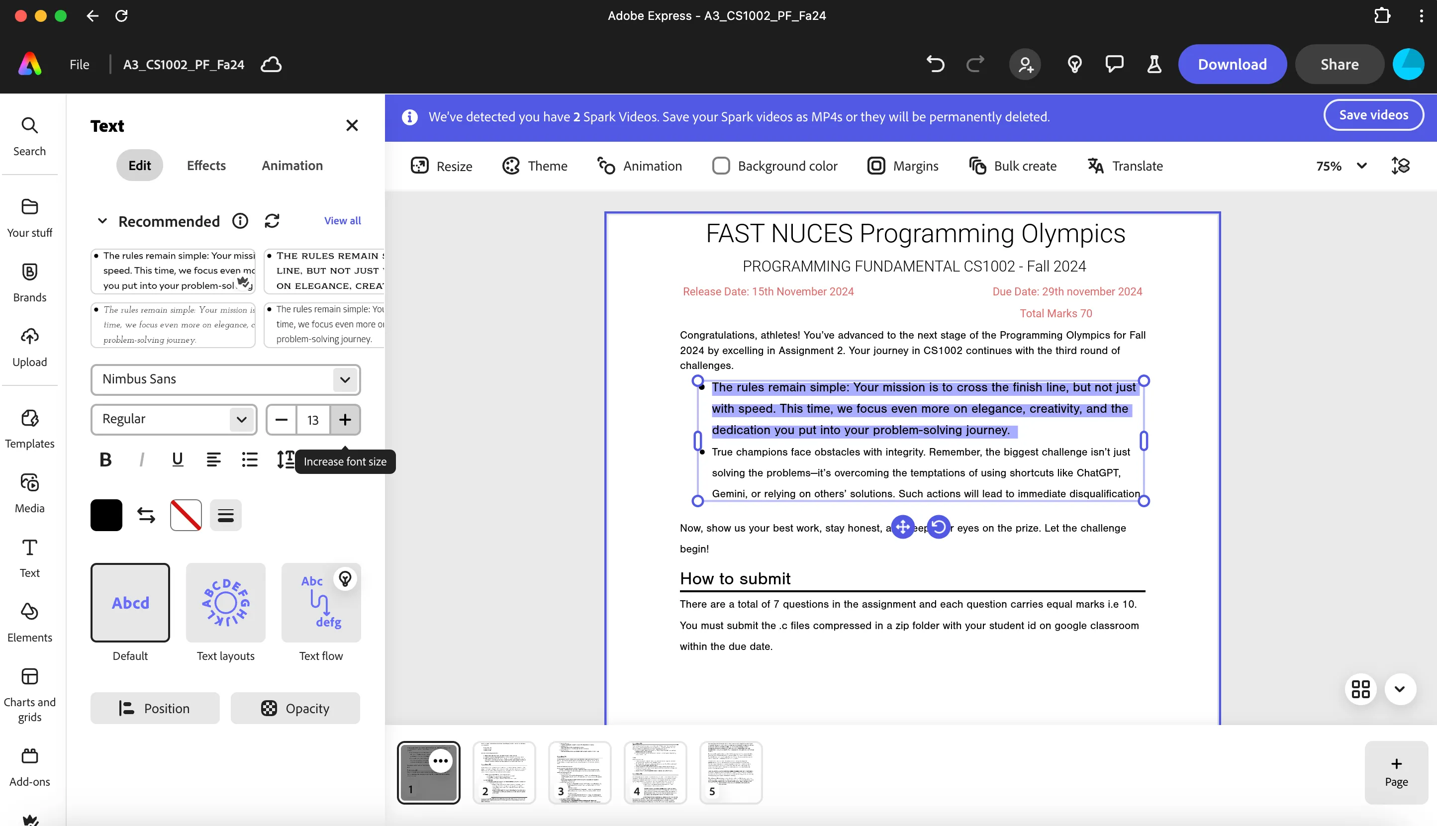 Mô tả quá trình chỉnh sửa văn bản trong một tài liệu PDF bằng Adobe Express, làm nổi bật khả năng thay đổi kích thước, màu sắc và căn chỉnh.