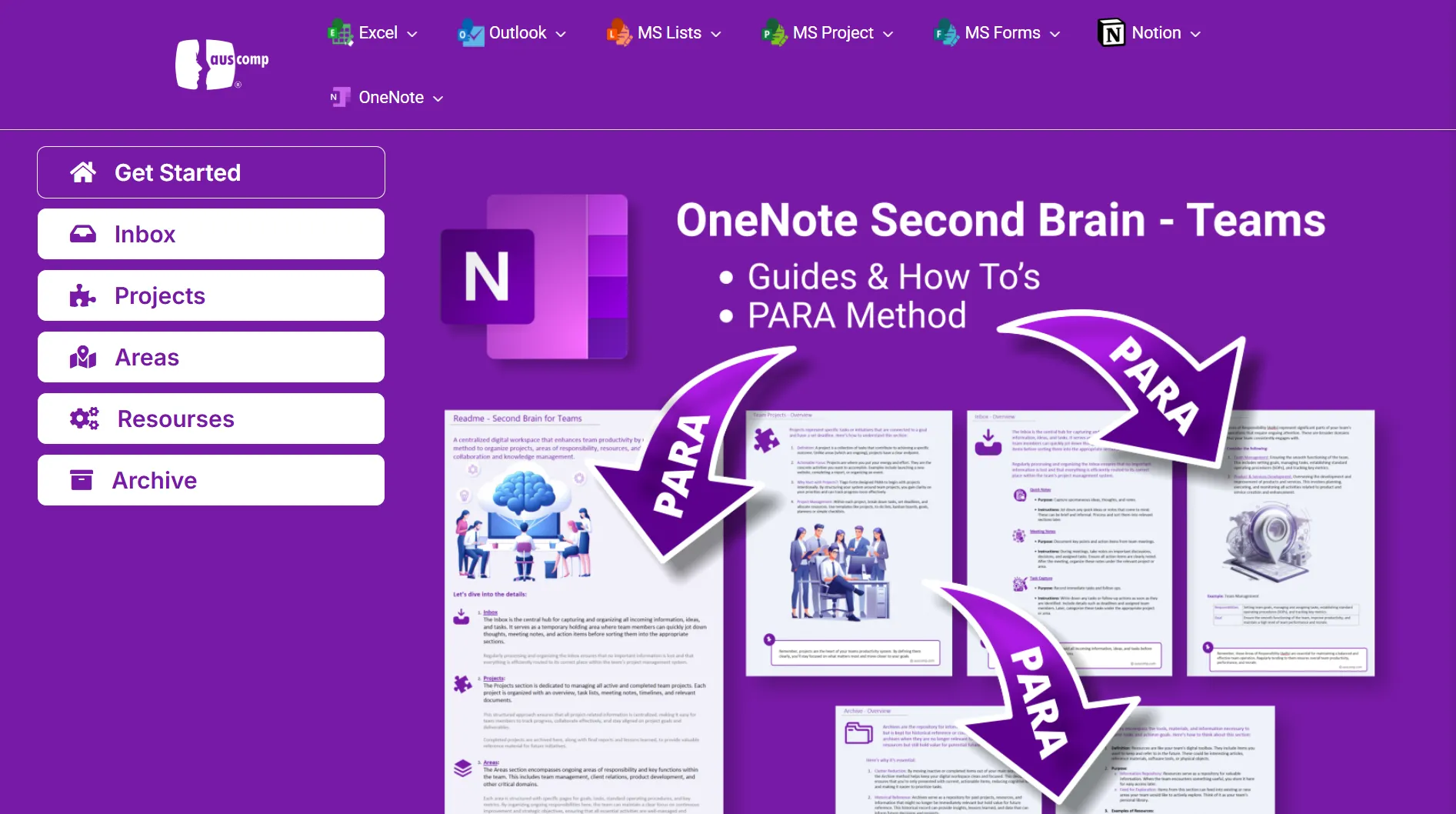 Mô tả template &quot;Second Brain&quot; của Auscomp OneNote giúp tổ chức thông tin hiệu quả