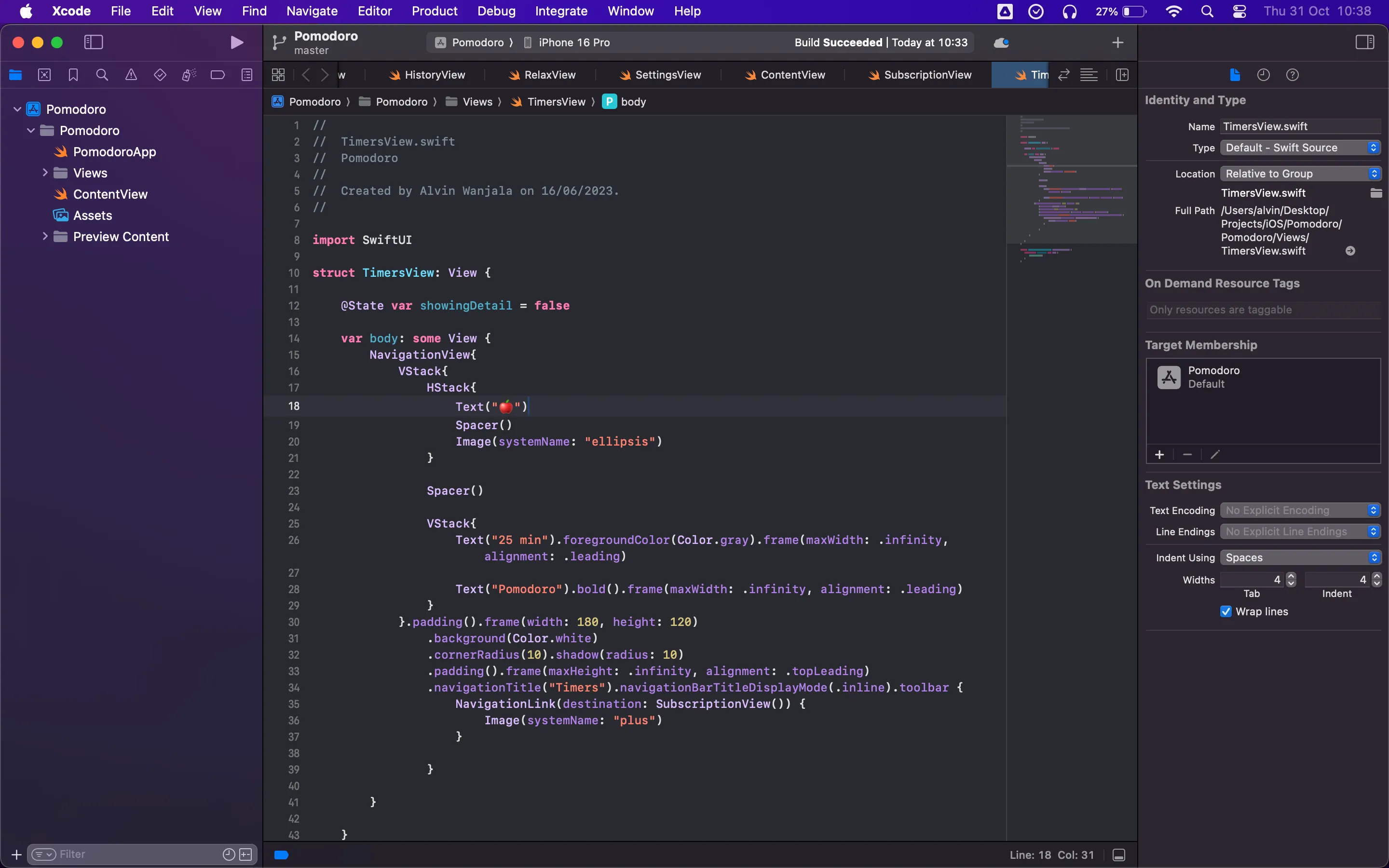 Môi trường phát triển tích hợp Xcode (IDE) trên macOS, hiển thị mã nguồn và công cụ lập trình ứng dụng cho hệ sinh thái Apple.