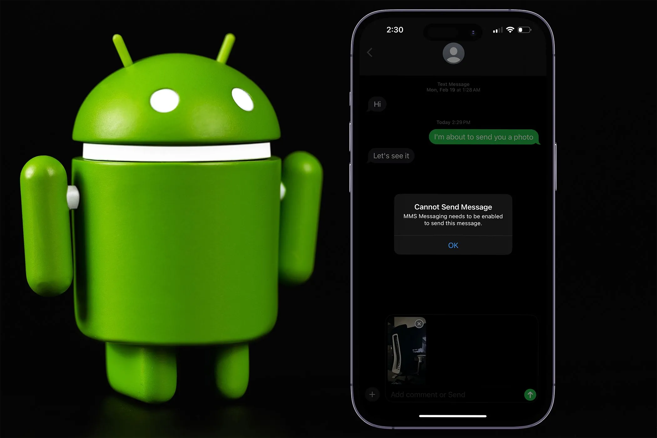 Một chiếc iPhone hiển thị lỗi &quot;Không thể gửi tin nhắn&quot; trong ứng dụng iMessage, bên cạnh là biểu tượng Android, minh họa khó khăn khi chuyển đổi nền tảng và mất dữ liệu.