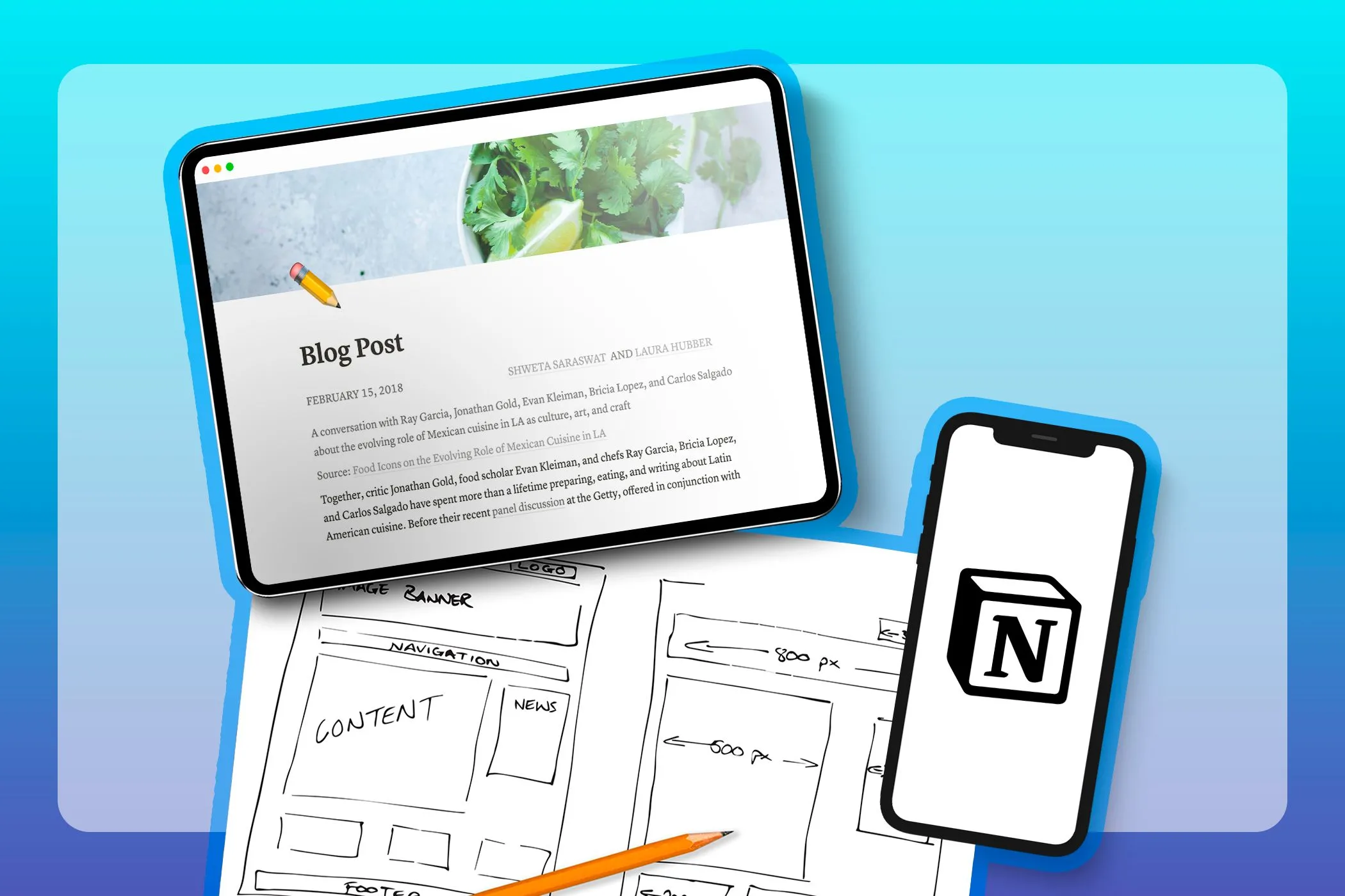 Một chiếc máy tính bảng hiển thị trang web được tạo bằng Notion Sites, cùng với phác thảo thiết kế và điện thoại có logo Notion
