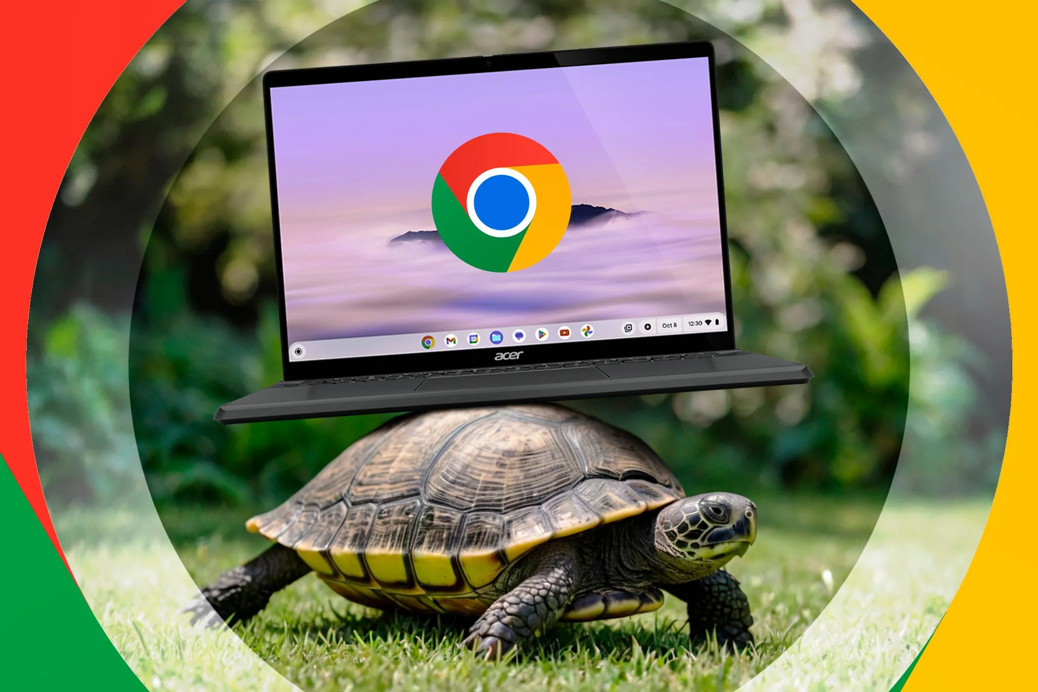 Một con rùa đang cõng một chiếc Chromebook trên mai của nó, tượng trưng cho sự chậm chạp khi xử lý các tác vụ nặng.
