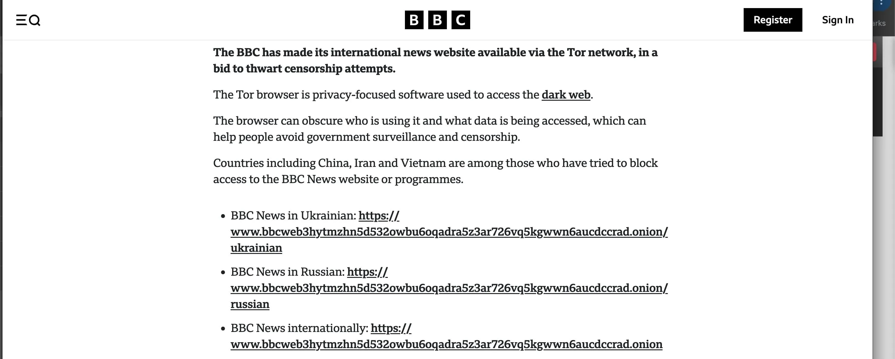 Một đoạn trích bài viết của BBC hiển thị địa chỉ .onion chính thức, minh họa cách các tổ chức uy tín cung cấp liên kết dark web của họ.