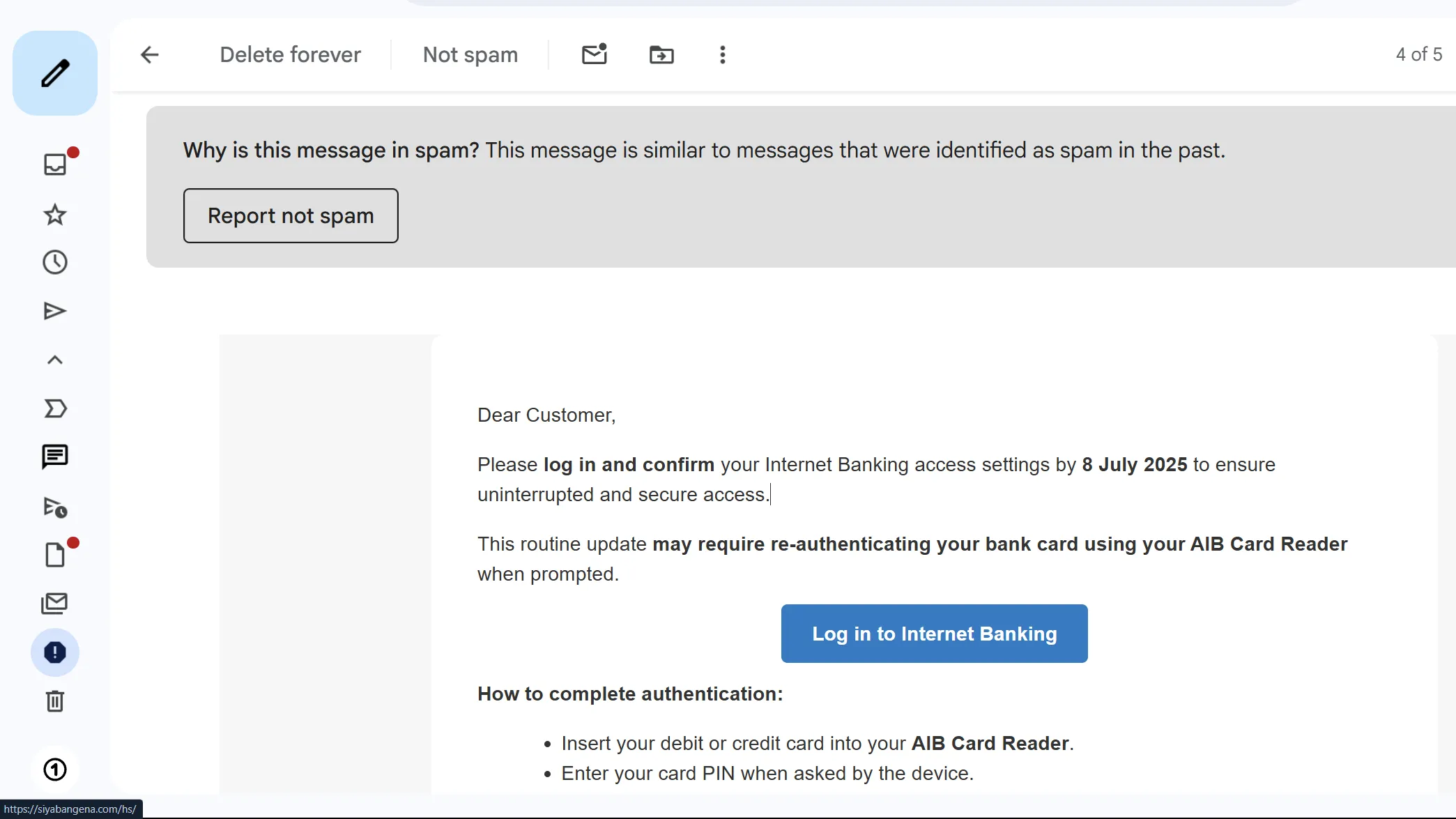 Một email lừa đảo (phishing) chứa liên kết đáng ngờ.