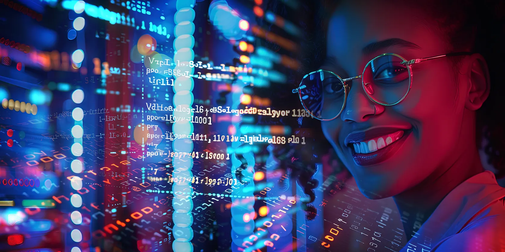 Một phụ nữ chuyên công nghệ đang làm việc với mã code và dữ liệu trên máy tính, minh họa cho việc sử dụng màn hình ảo cho môi trường lập trình.