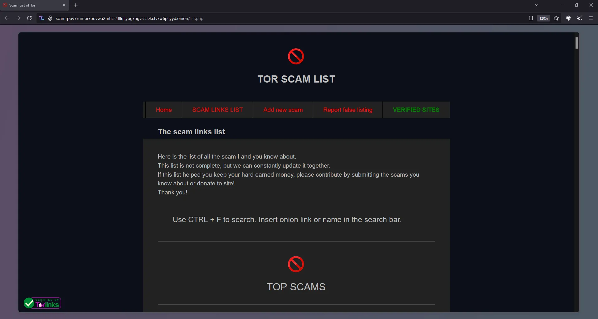 Một trang web lừa đảo trên Dark Web hiển thị danh sách các chiêu trò gian lận cần cảnh giác.
