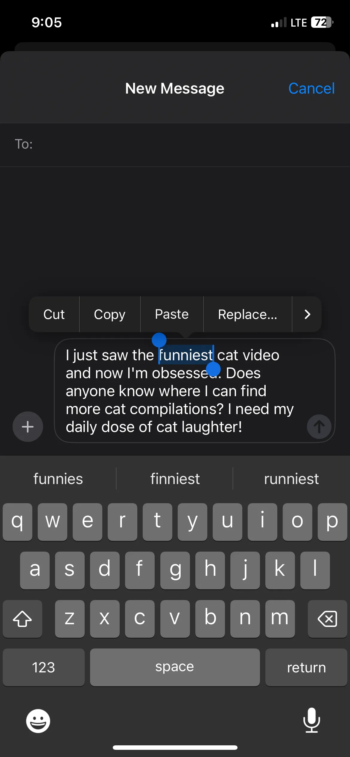 Một từ đơn được chọn nổi bật trên bàn phím iPhone, sẵn sàng để chỉnh sửa.
