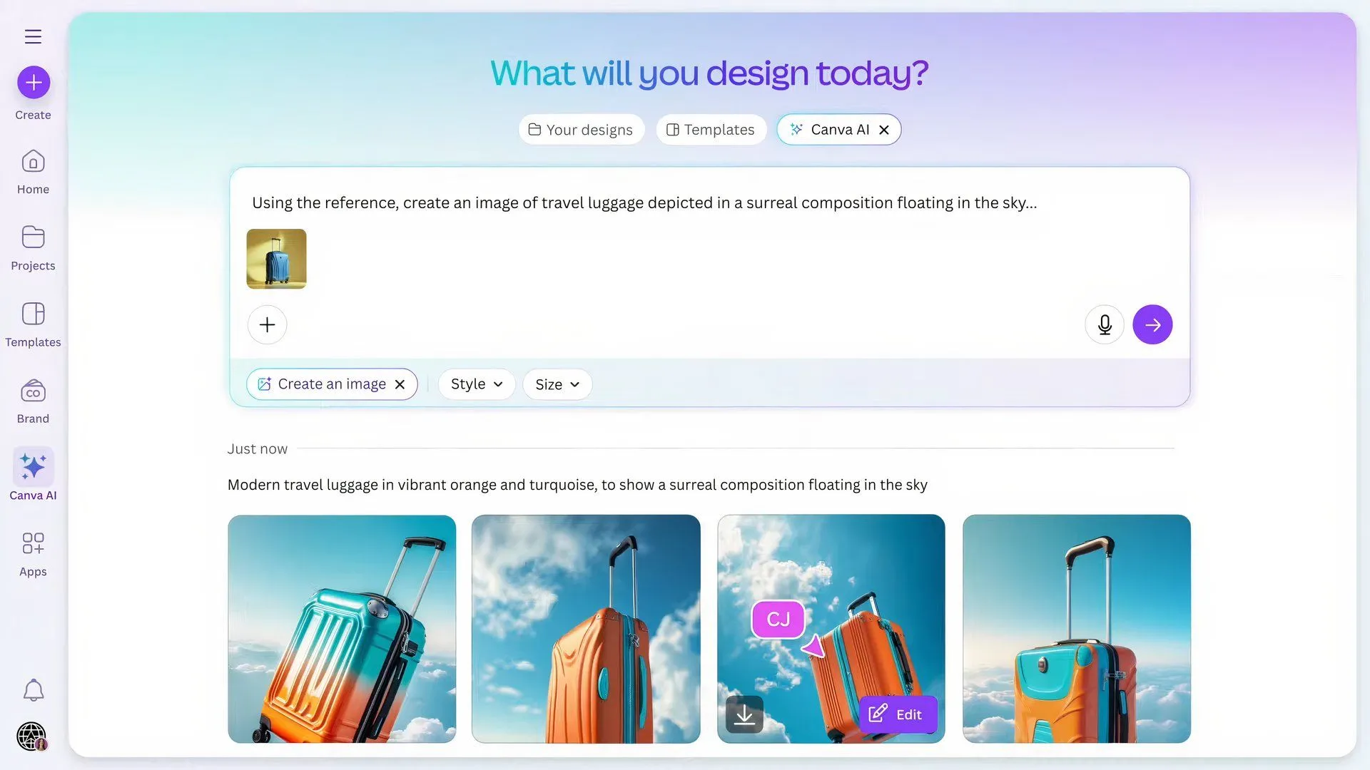 Một ví dụ trên màn hình về tính năng Create an Image mới đang được sử dụng