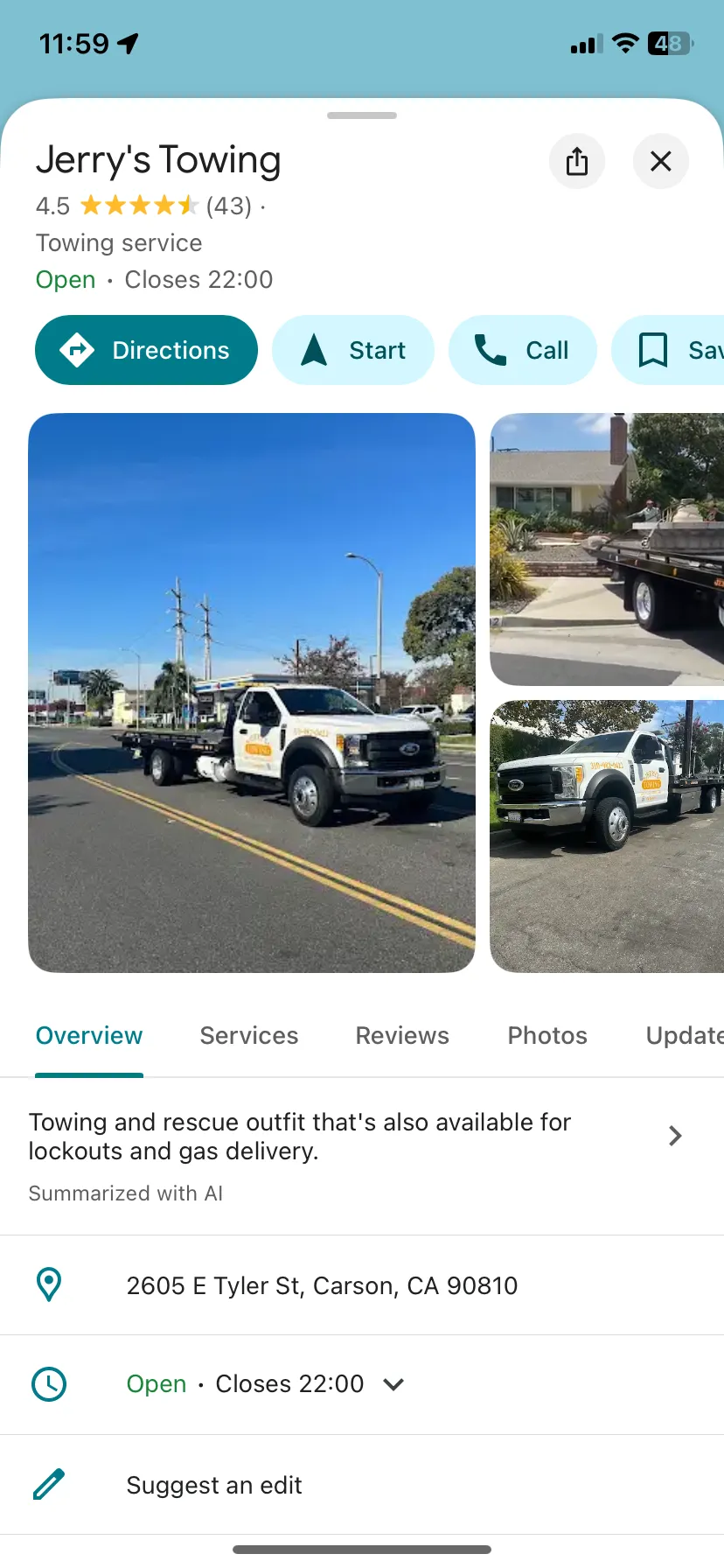 Một ví dụ về doanh nghiệp trên Google Maps với tab Tổng quan đang mở trên thiết bị di động