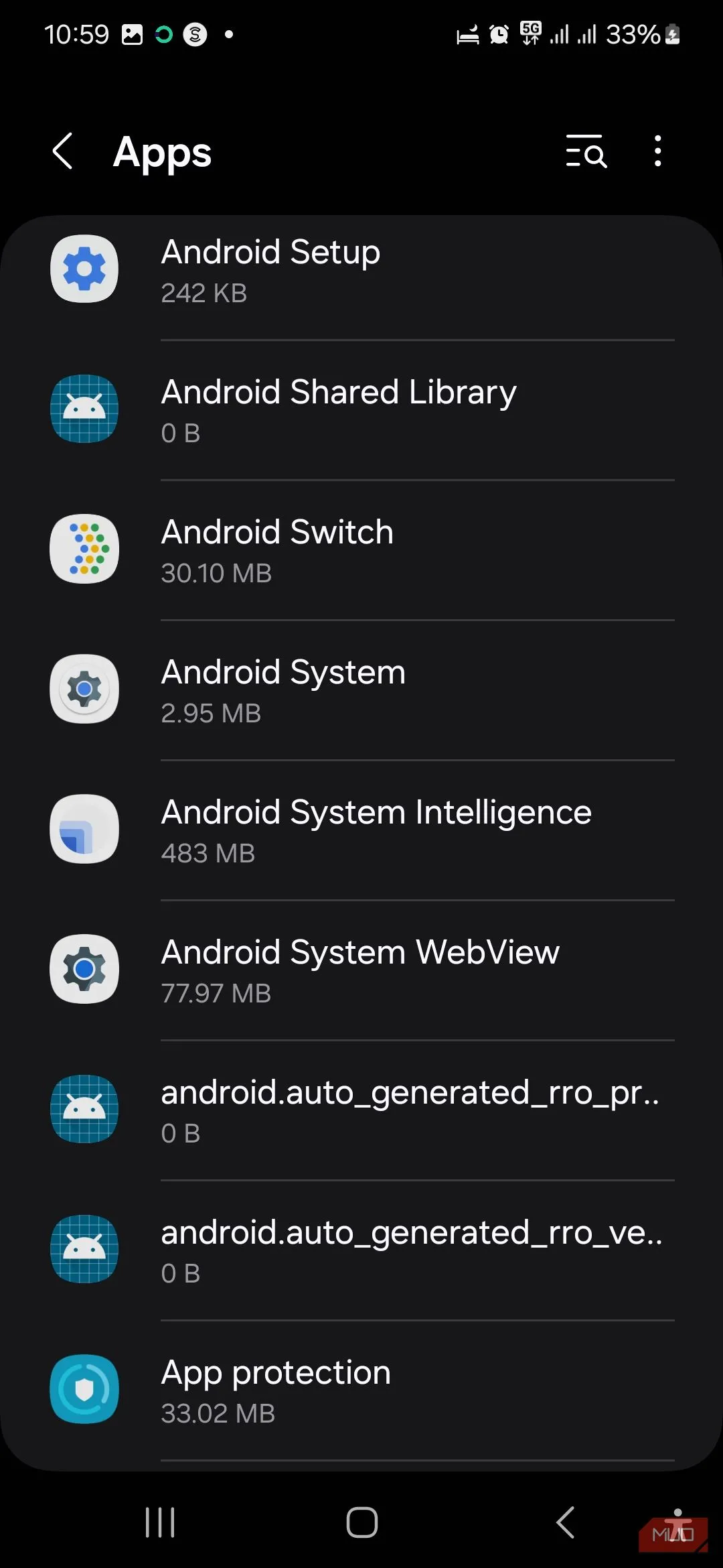 Mục Hệ thống Android (Android System) trong danh sách các ứng dụng hệ thống