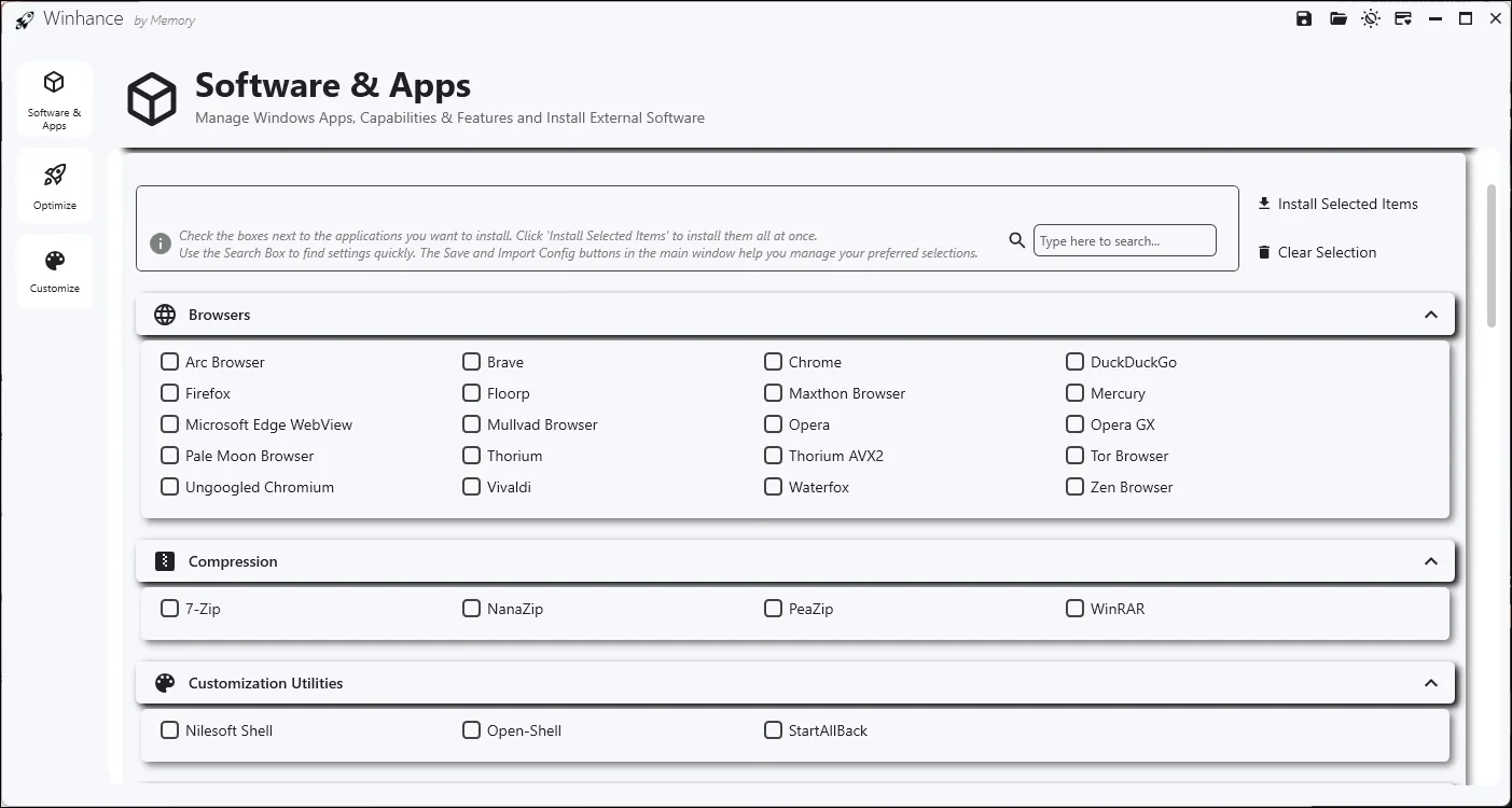 Mục Phần mềm Bên ngoài của Winhance trên Windows 11, cung cấp danh sách các ứng dụng thiết yếu để cài đặt nhanh chóng
