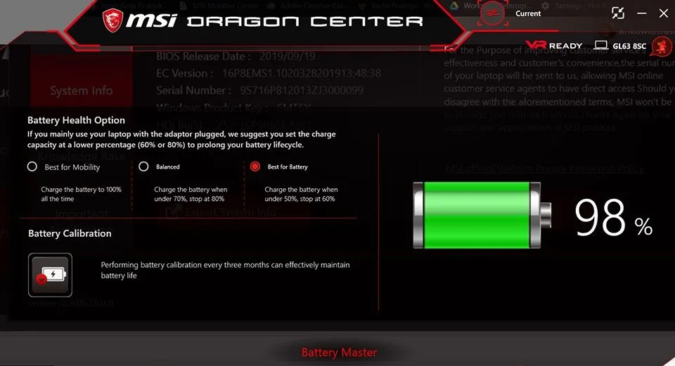 Mục Tùy chọn sức khỏe pin (Battery Health Option) trong ứng dụng MSI Dragon Center, chọn chế độ &quot;Cân bằng&quot; (Balanced).