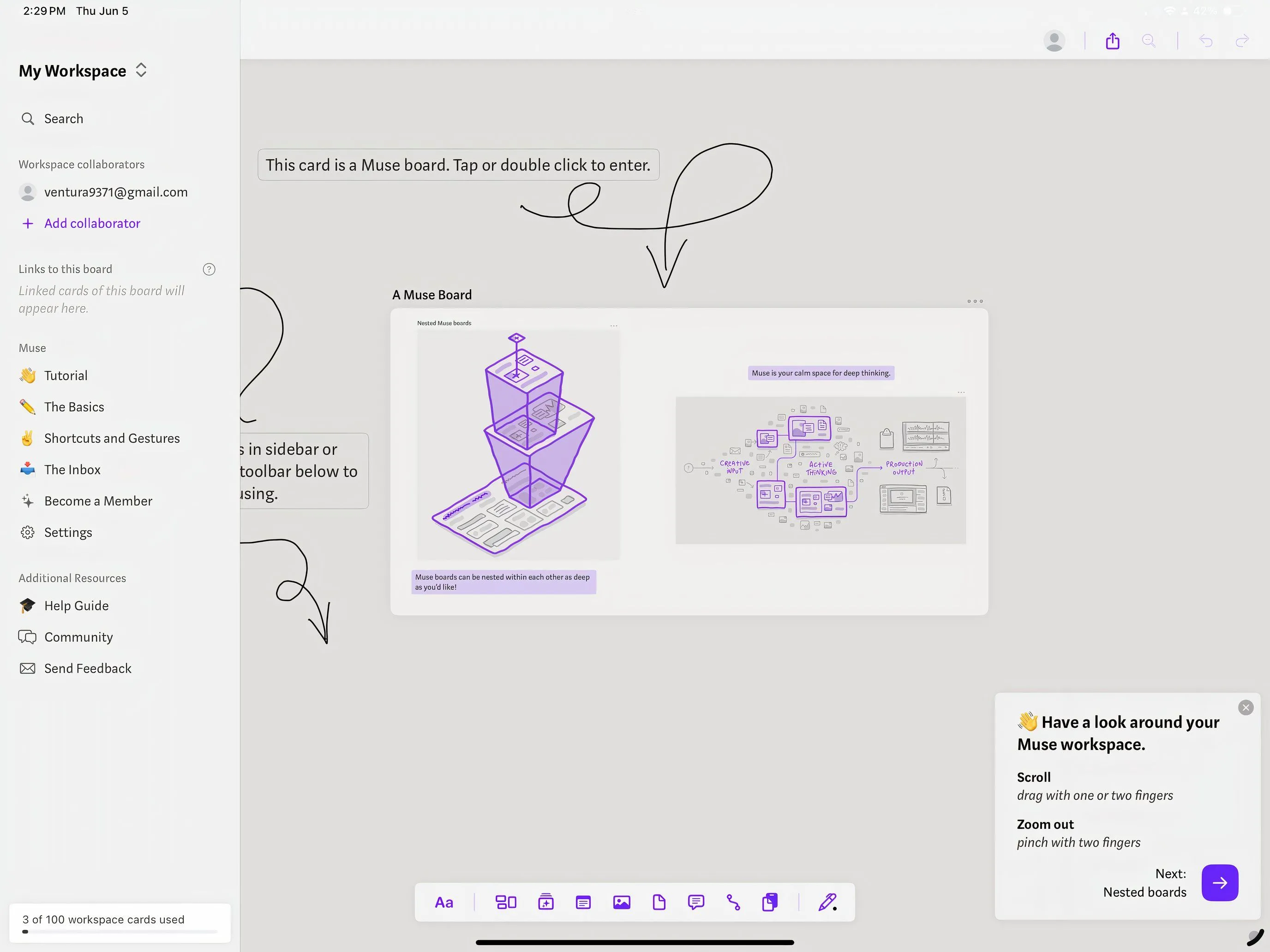 Muse app trên iPad với các bảng trắng lồng nhau