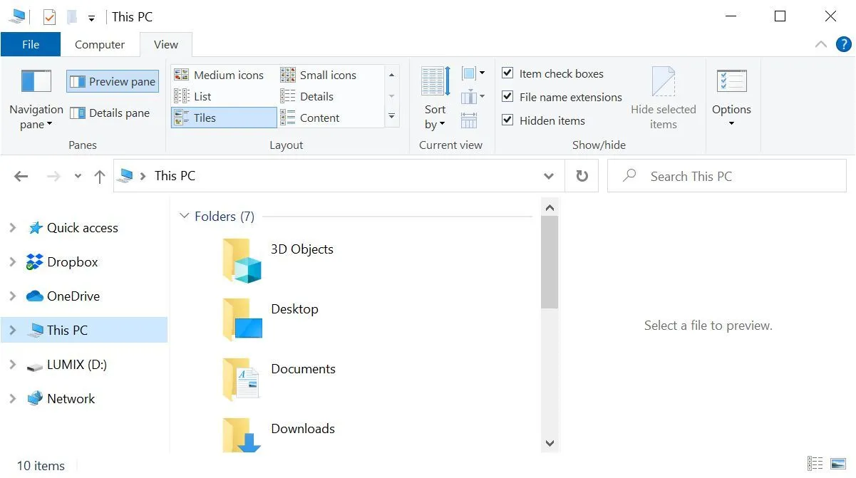 Ngăn xem trước (Preview pane) đang mở ở phía bên phải trong File Explorer của Windows 10, hiển thị nội dung tệp.