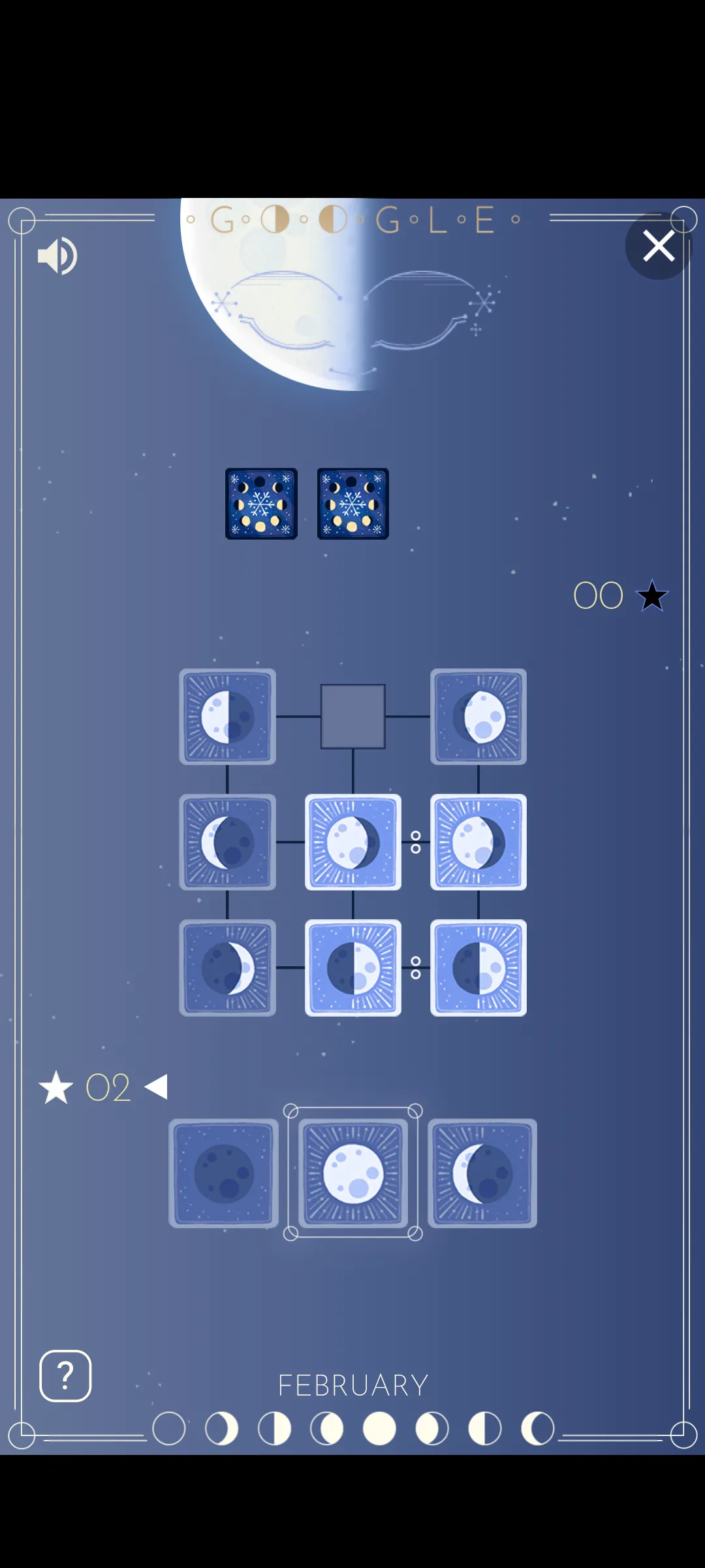 Người chơi tương tác với Google Doodle game The Rise of the Half Moon với các thẻ bài đại diện cho chu kỳ mặt trăng trên bàn cờ
