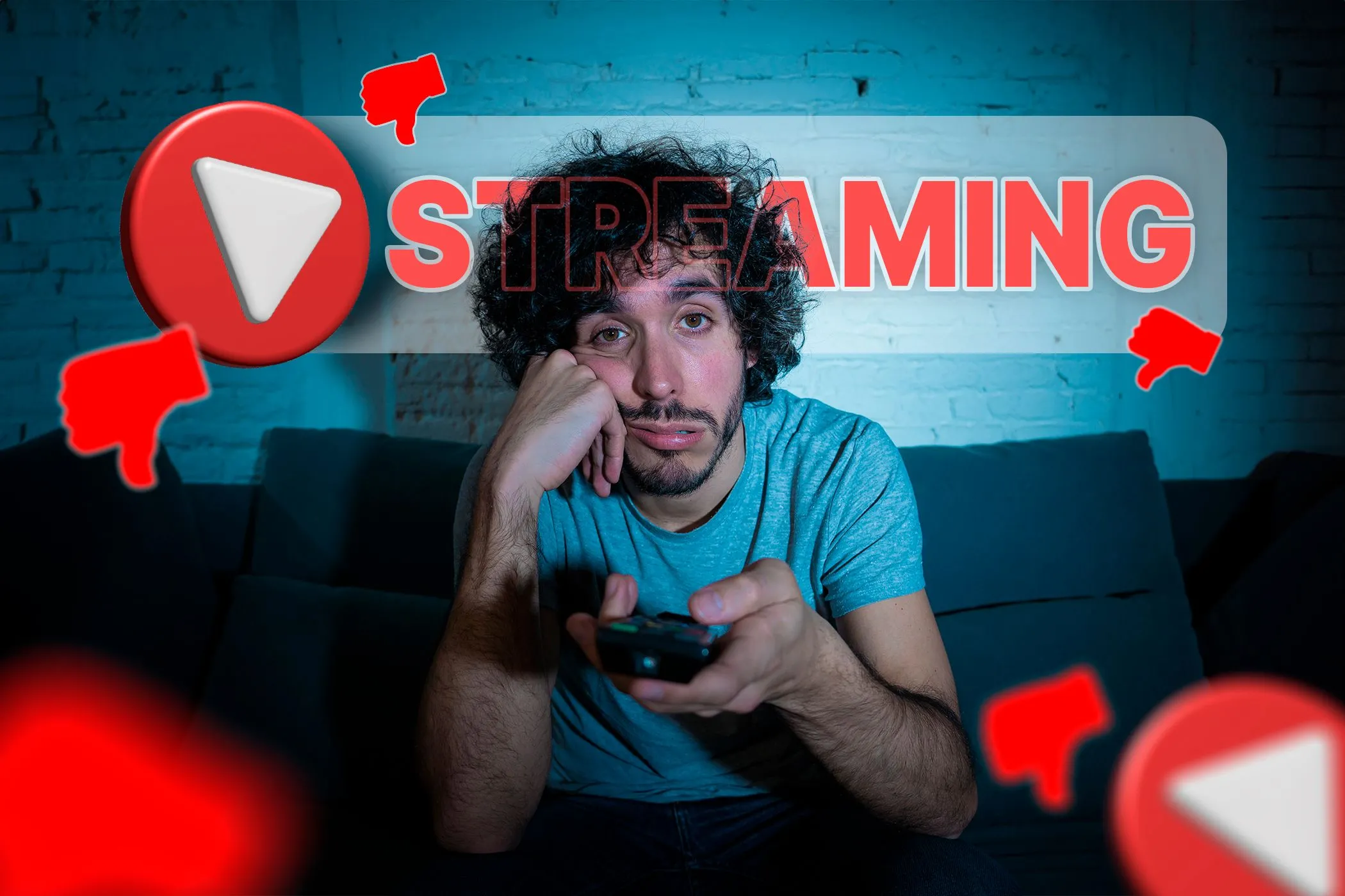 Người đàn ông buồn chán xem TV với các biểu tượng streaming và ngón tay cái hướng xuống, thể hiện sự thất vọng với dịch vụ xem phim trực tuyến
