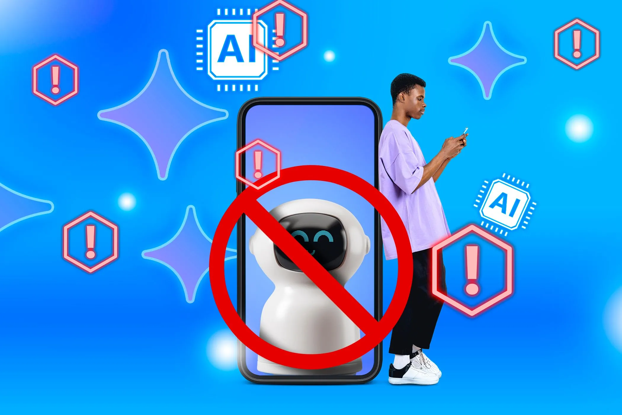 Người đàn ông dùng điện thoại với hình ảnh robot và biển cấm, minh họa những hạn chế của đại lý AI