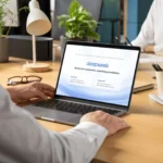 Người đàn ông lướt web trên MacBook Pro, hiển thị trang DeepSeek với cảnh báo bảo mật.