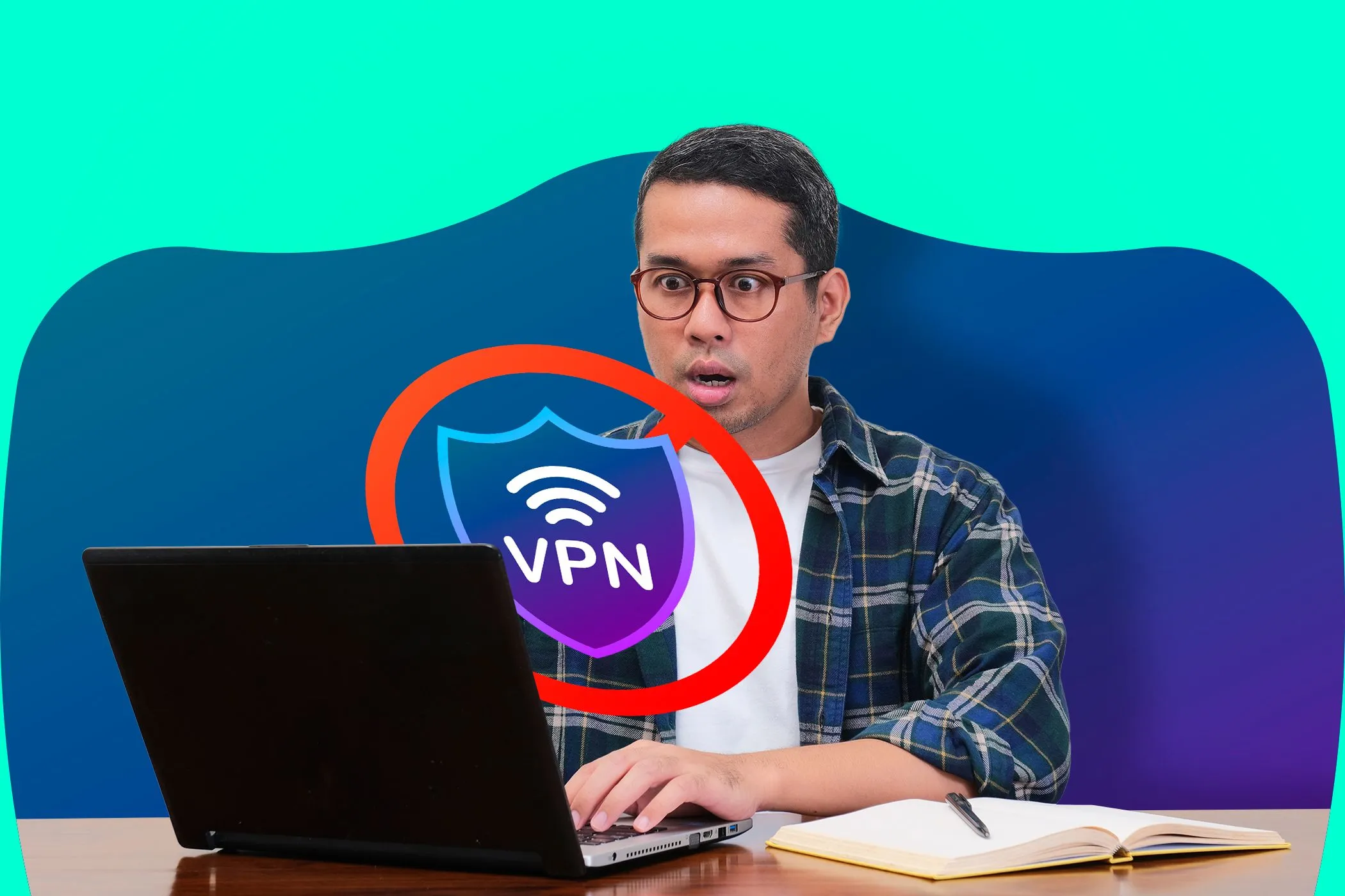 Người đàn ông sử dụng laptop với biểu cảm ngạc nhiên khi nhìn vào màn hình có biểu tượng VPN, minh họa việc sử dụng VPN hoặc Proxy có thể làm sai lệch kết quả kiểm tra tốc độ mạng.