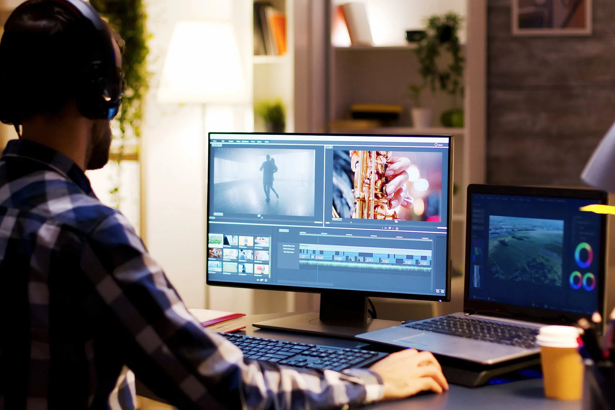 Người đàn ông sử dụng máy tính có AI để chỉnh sửa cảnh quay video chuyên nghiệp.