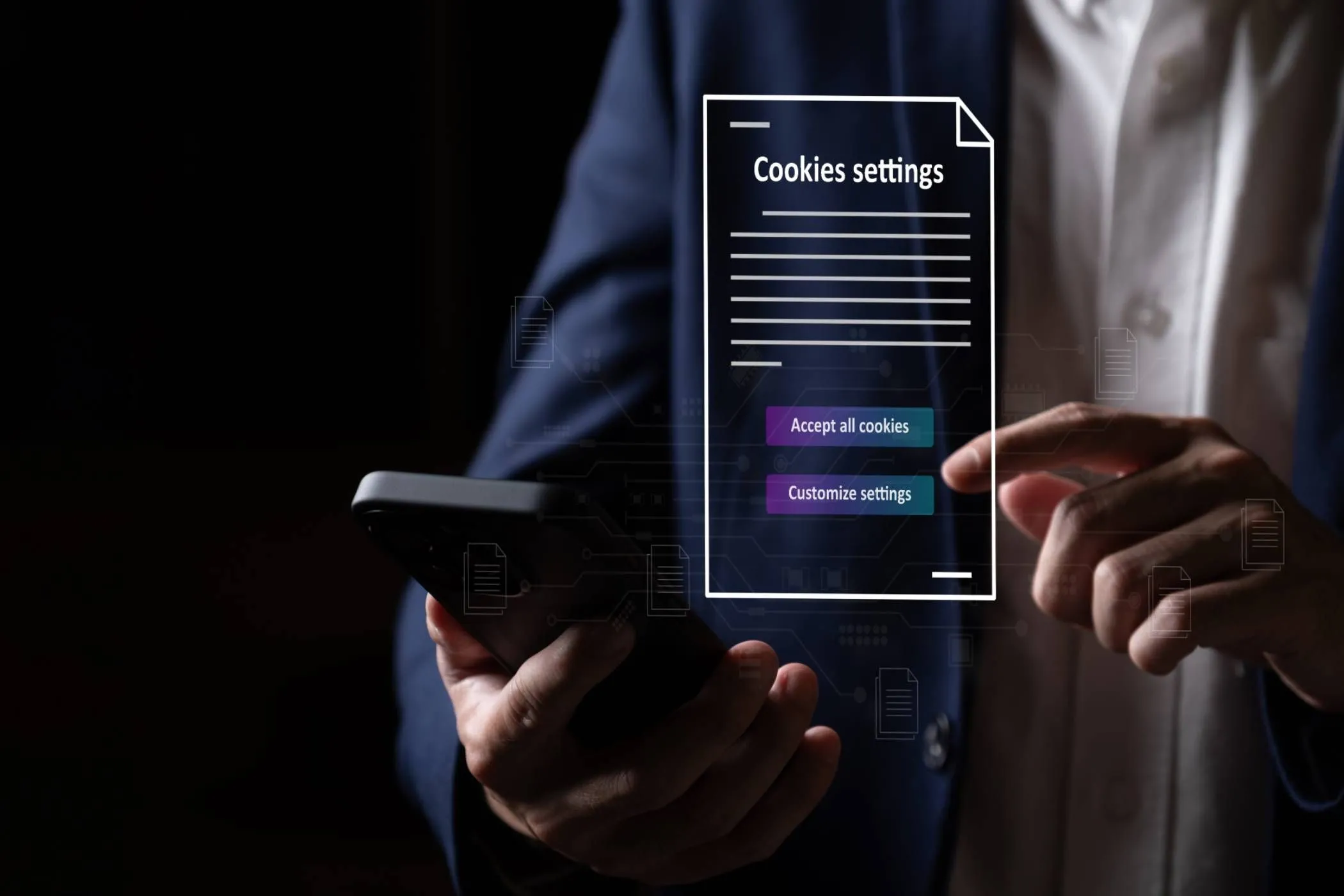 Người dùng Android cầm điện thoại với màn hình yêu cầu chấp nhận cookie, minh họa việc theo dõi dữ liệu trực tuyến của Meta