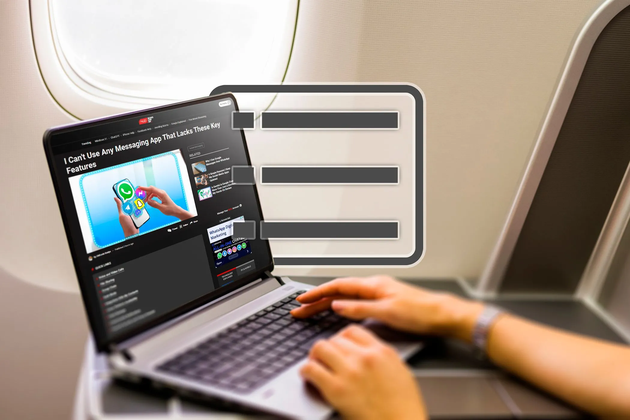 Người dùng đang thao tác trên laptop với biểu tượng Danh sách đọc của Chrome hiển thị trên máy bay