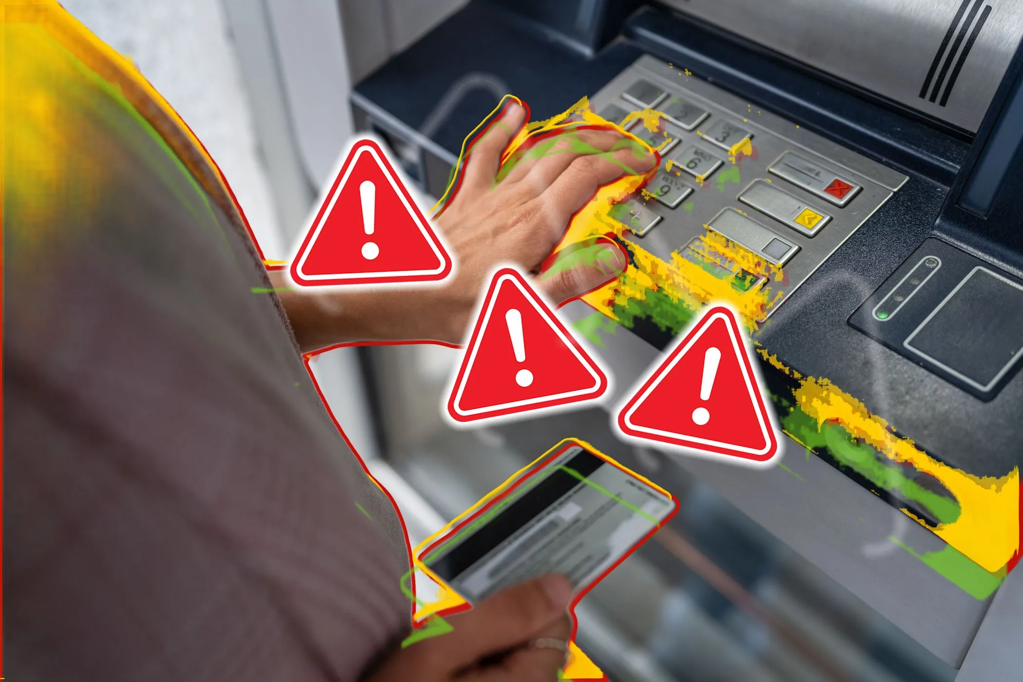 Người dùng đưa thẻ ngân hàng vào máy ATM, xung quanh có các biển báo cảnh báo lừa đảo thẻ tín dụng