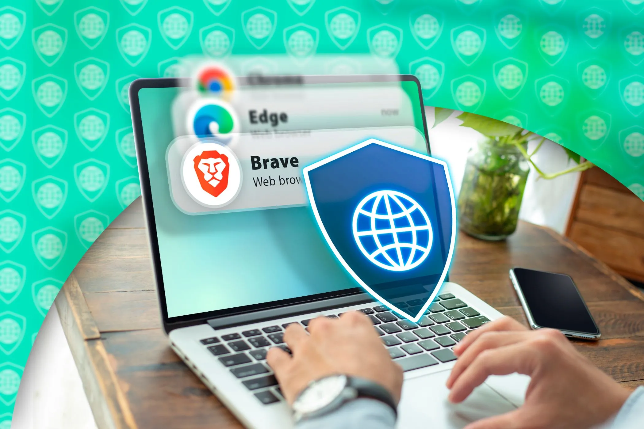 Người dùng laptop với các biểu tượng trình duyệt và bảo mật, minh họa tầm quan trọng của việc cập nhật trình duyệt để vá lỗ hổng.