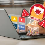 Người dùng máy tính xách tay với biểu tượng cảnh báo malware, minh họa cảnh báo virus giả mạo trên trình duyệt.