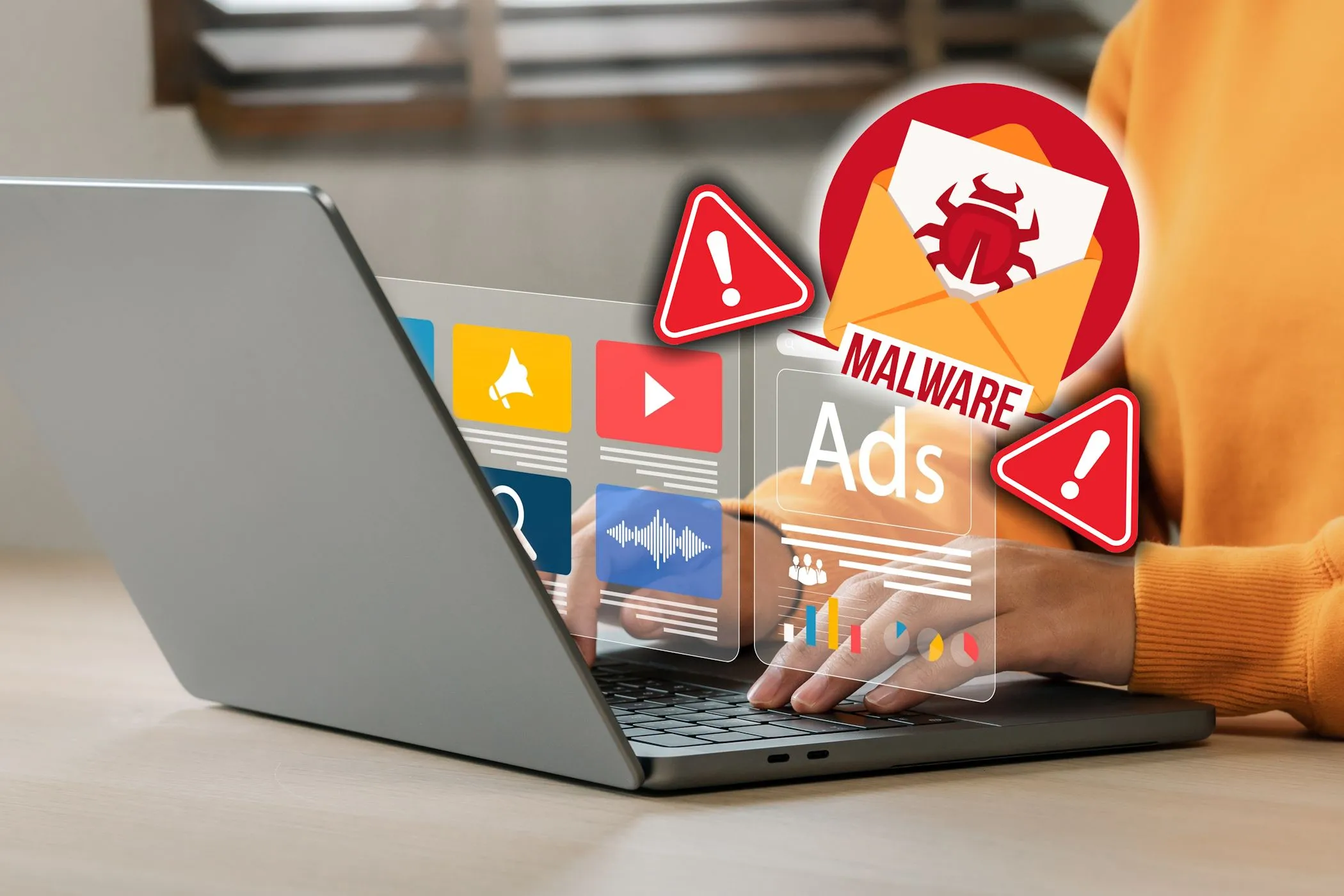 Người dùng máy tính xách tay với biểu tượng cảnh báo malware, minh họa cảnh báo virus giả mạo trên trình duyệt.