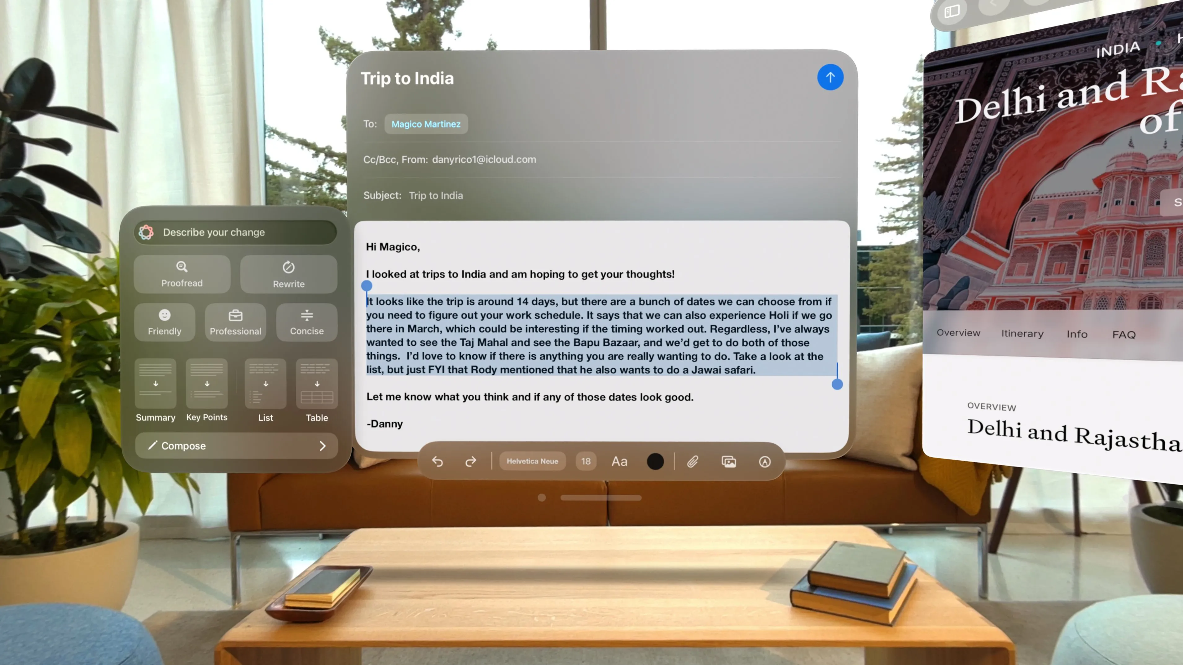 Người dùng trải nghiệm Apple Intelligence trên thiết bị Apple Vision Pro, hiển thị giao diện AI.