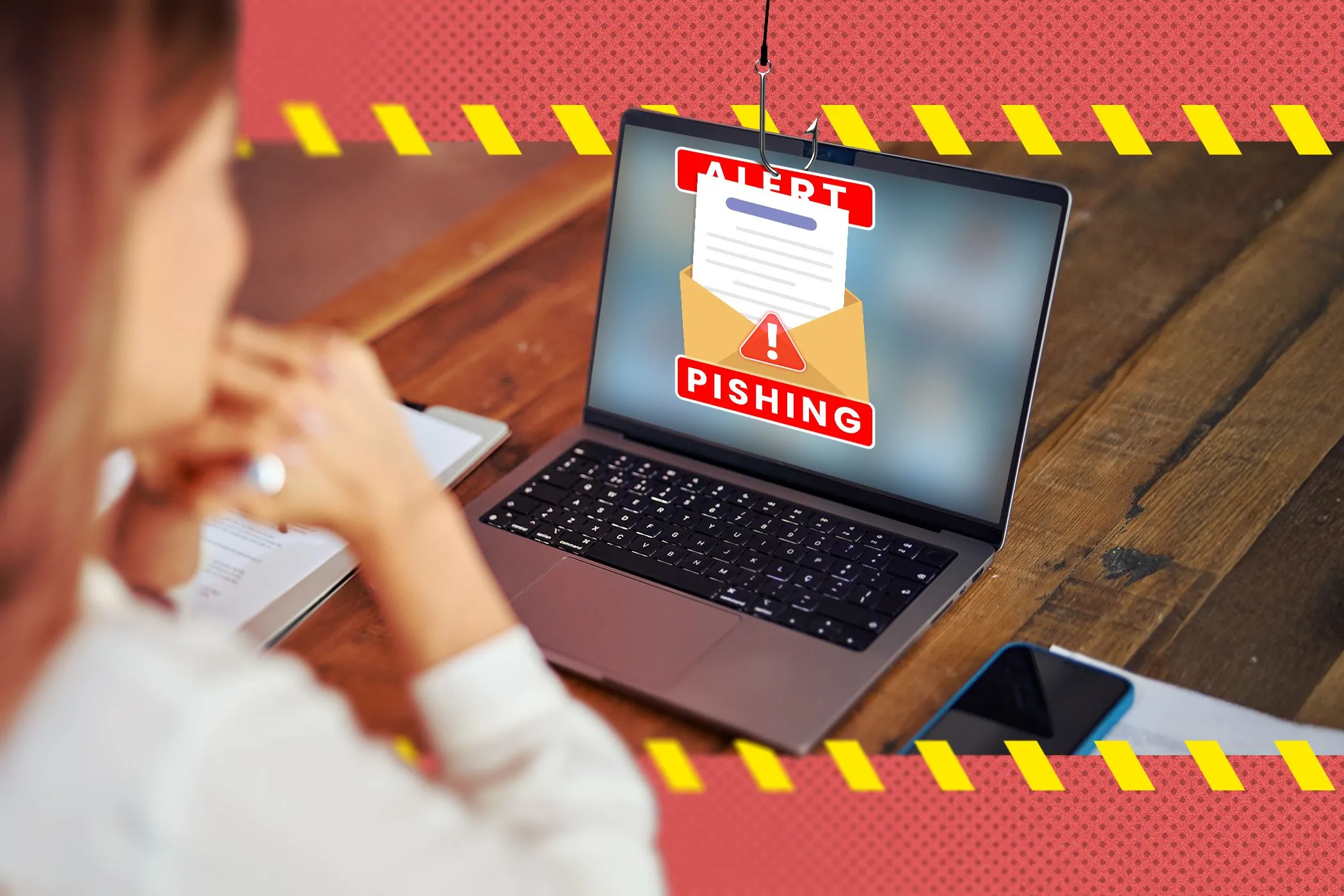 Người phụ nữ đang sử dụng laptop, màn hình hiển thị email lừa đảo (phishing) cảnh báo về các cuộc tấn công tinh vi của AI.