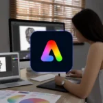 Người phụ nữ làm việc trên laptop với giao diện Adobe Express, thể hiện khả năng chỉnh sửa ảnh đồ họa bằng AI.