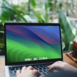Người phụ nữ tìm kiếm thông tin trên MacBook Air, minh họa việc nghiên cứu kỹ lưỡng công ty
