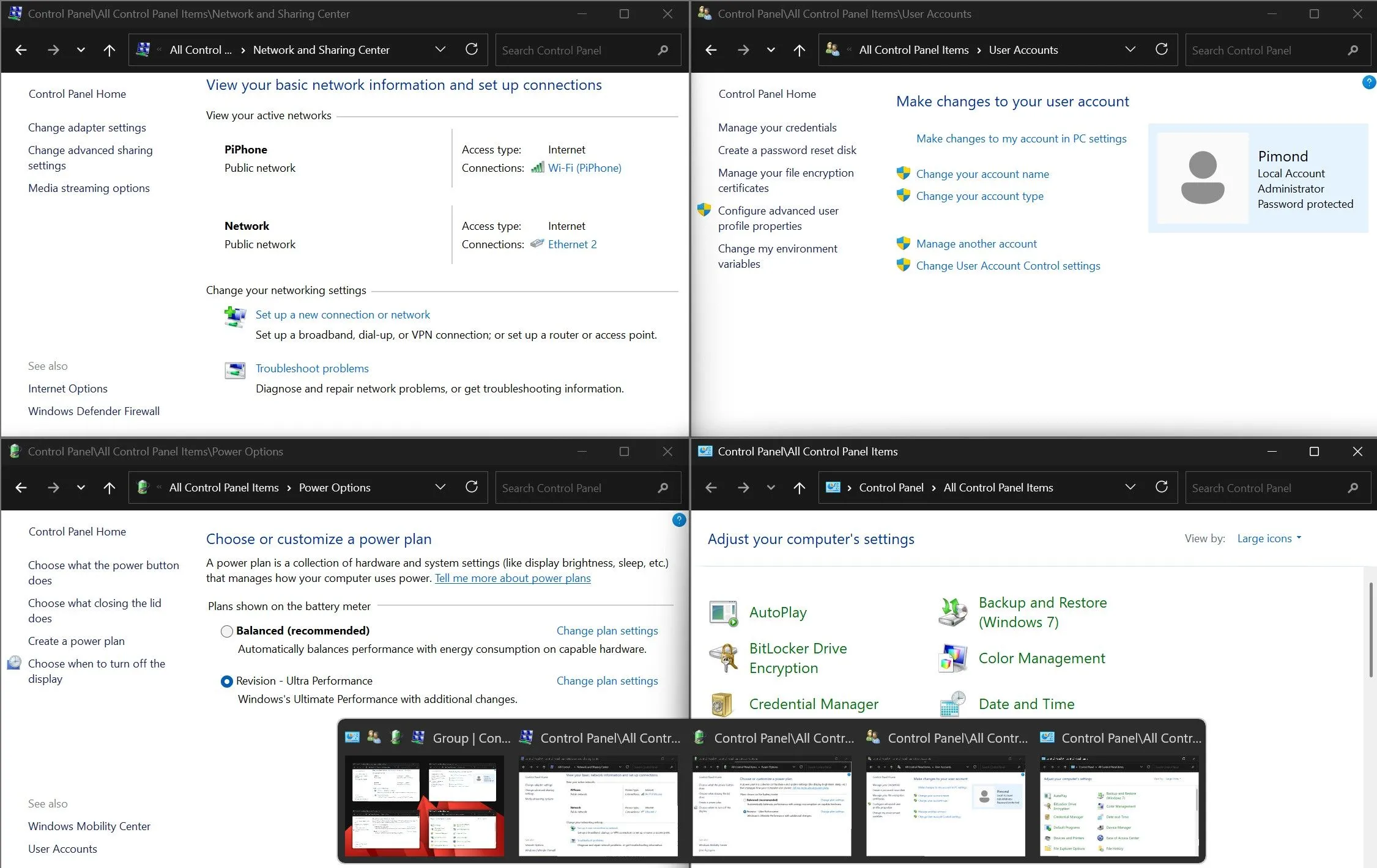 Nhiều cửa sổ Control Panel đang mở đồng thời trên Windows 11, minh họa khả năng đa nhiệm và quản lý cài đặt linh hoạt mà ứng dụng Settings không có.