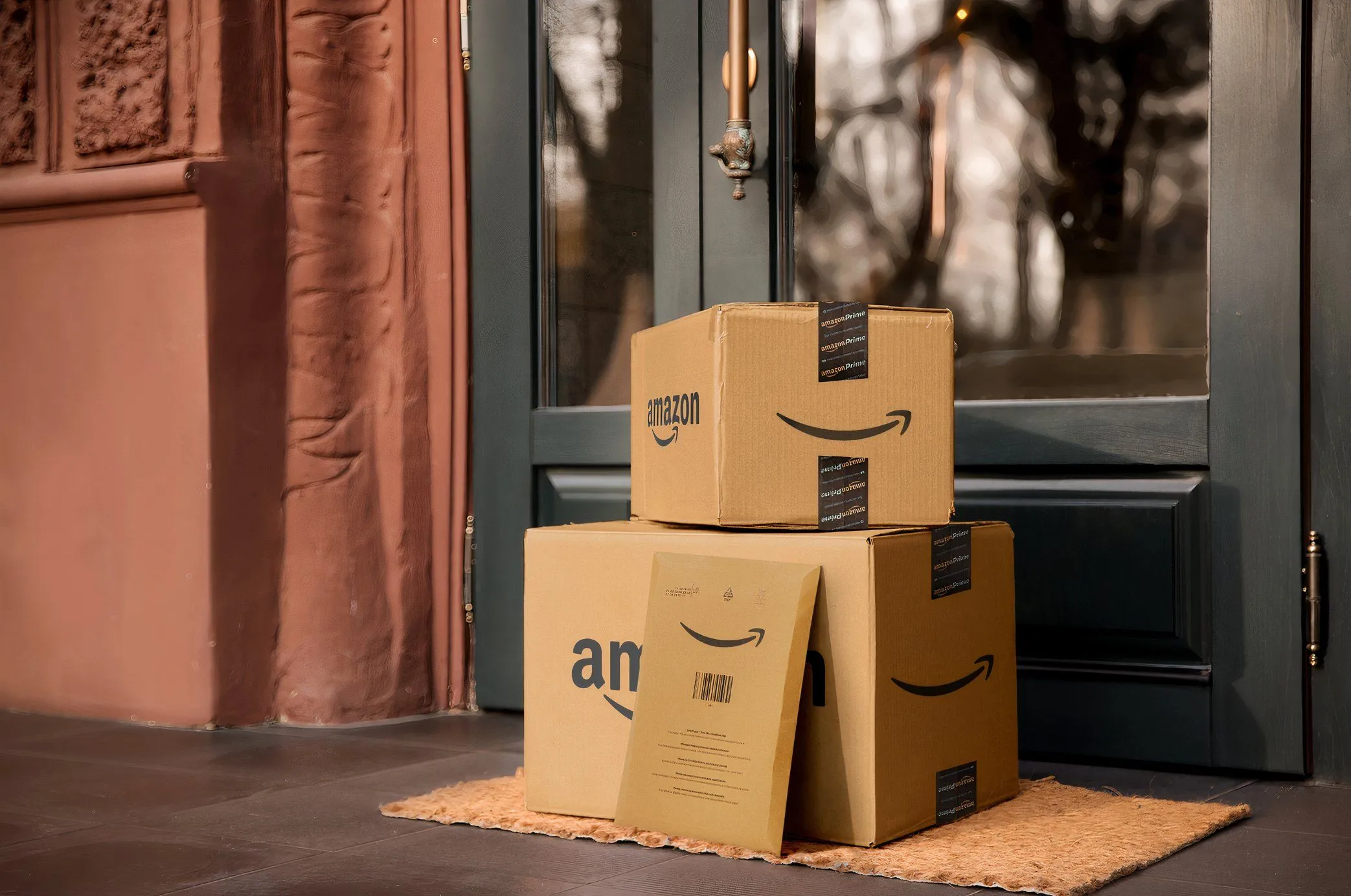 Những gói hàng Amazon được đặt trước cửa nhà, minh họa cho lừa đảo giao hàng giả mạo
