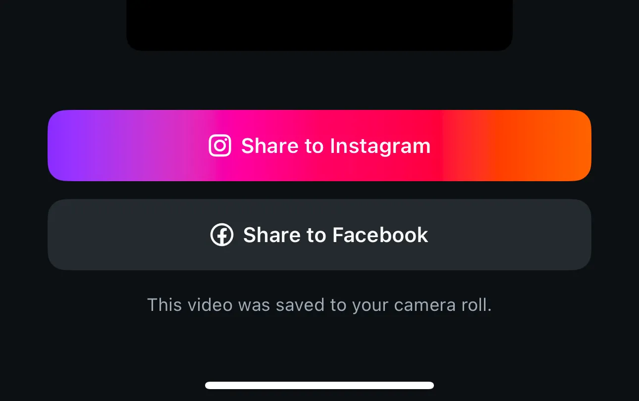Nút chia sẻ trực tiếp lên Instagram và Facebook sau khi người dùng xuất video từ ứng dụng Edits