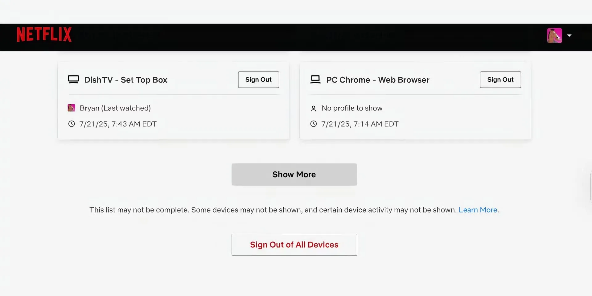 Nút đăng xuất khỏi tất cả thiết bị trên giao diện quản lý tài khoản Netflix để bảo mật