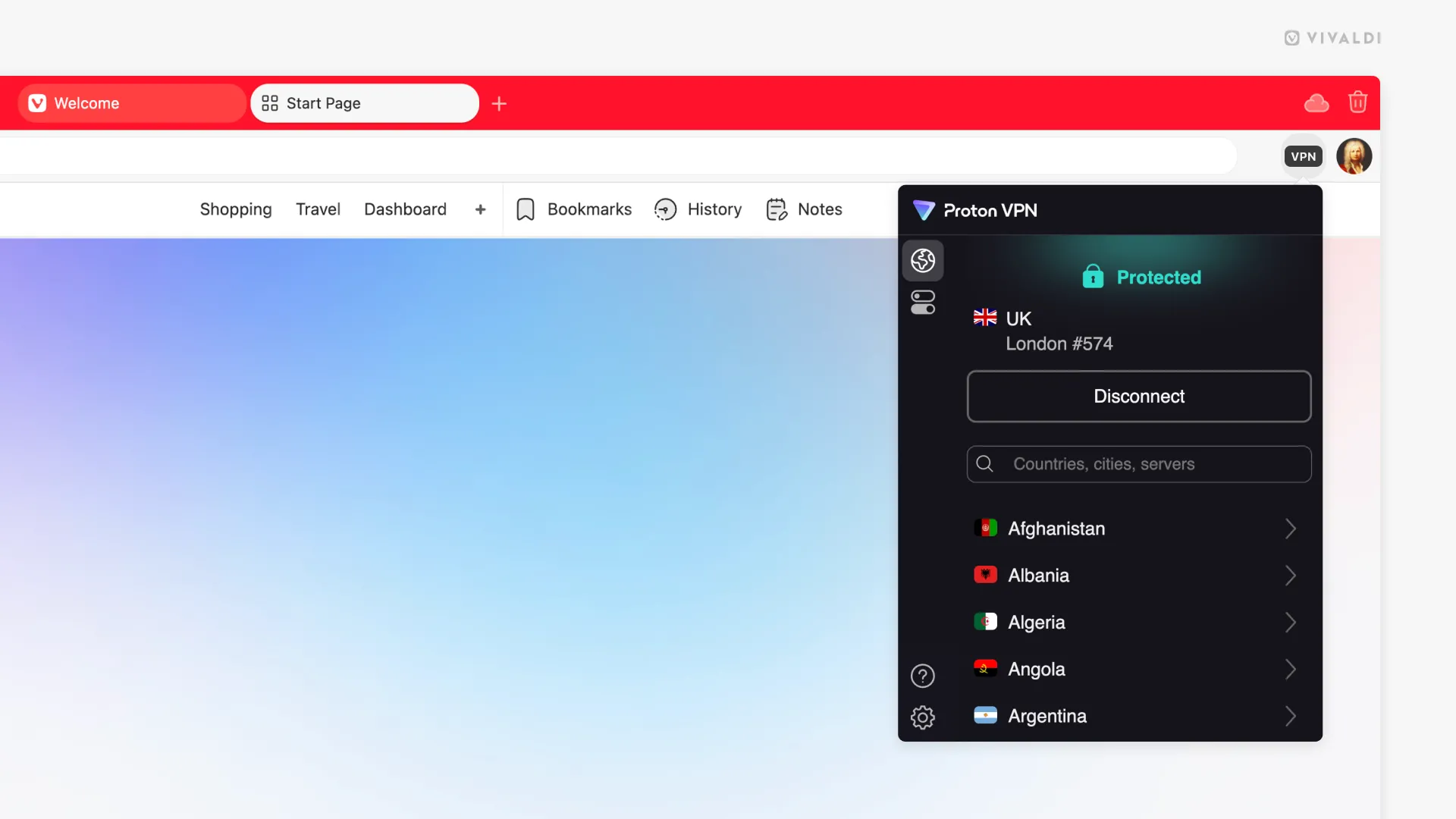 Nút VPN của Proton tích hợp trên thanh công cụ trình duyệt Vivaldi.