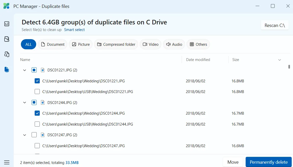 PC Manager hiển thị các file trùng lặp trên Windows