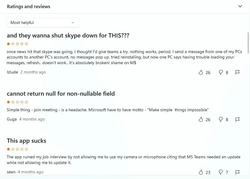 Phần bình luận và đánh giá tiêu cực của người dùng về Microsoft Teams trên Microsoft Store.